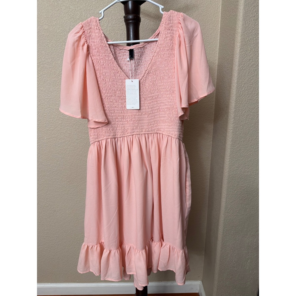 LILLUSORY Womens Smocked V-Neck Mini Dress Pink Flutter Sleeve Ruffle LS1031 L